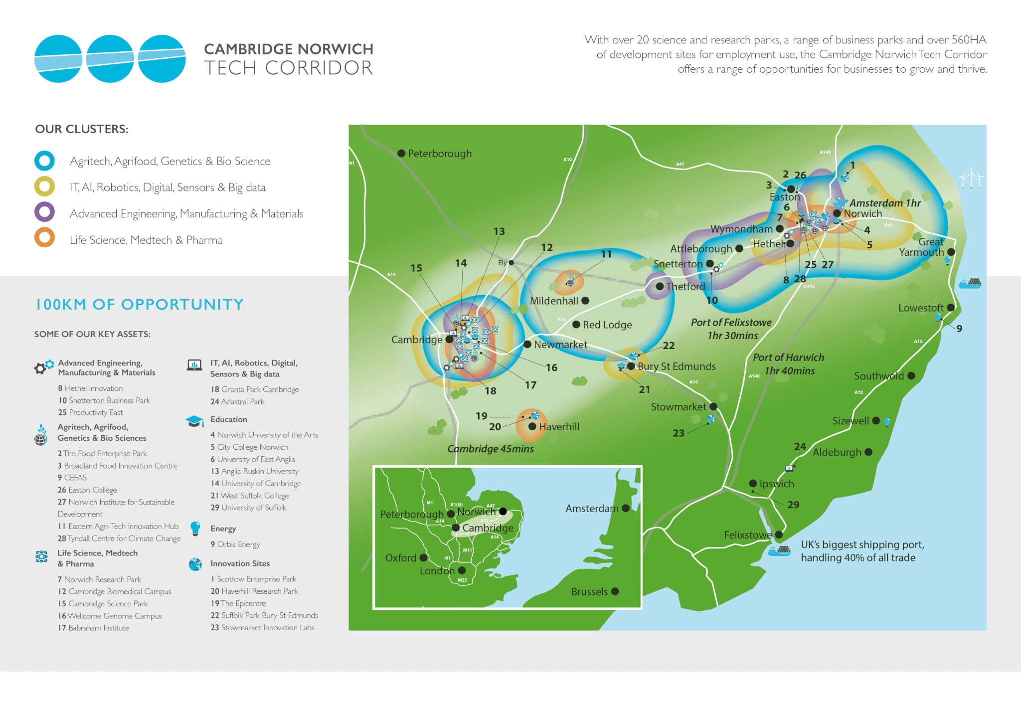 Cambridge Norwich Tech Corridor map showing clusters of tech focused businesses