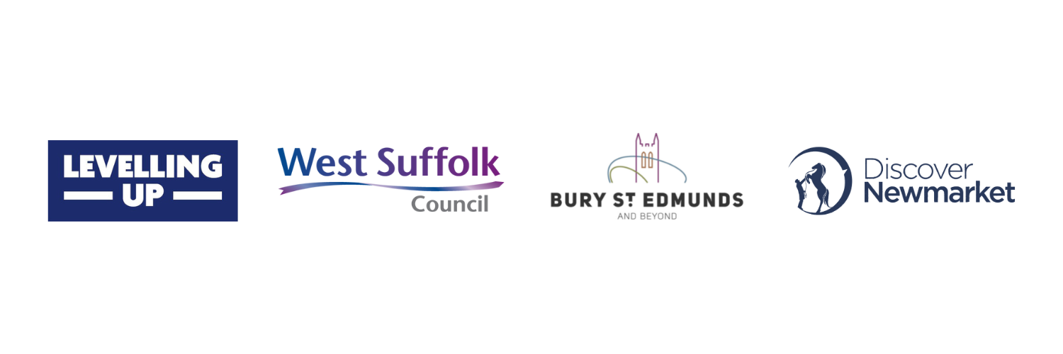 Funding and partner logos: Levelling up, West Suffolk Council, Bury St Edmunds and Beyond, and Discover Newmarket