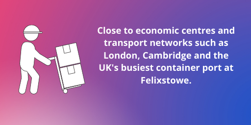 Close to economic centres and transport networks – London, Cambridge and port at Felixstowe.