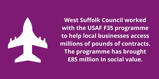 West Suffolk Council worked with the USAF F35 programme to help local businesses access millions of pounds of contracts. The programme has brought £85 million in social value. West Suffolk Council worked with the USAF F35 programme to help local businesses access millions of pounds of contracts. The programme has brought £85 million in social value.